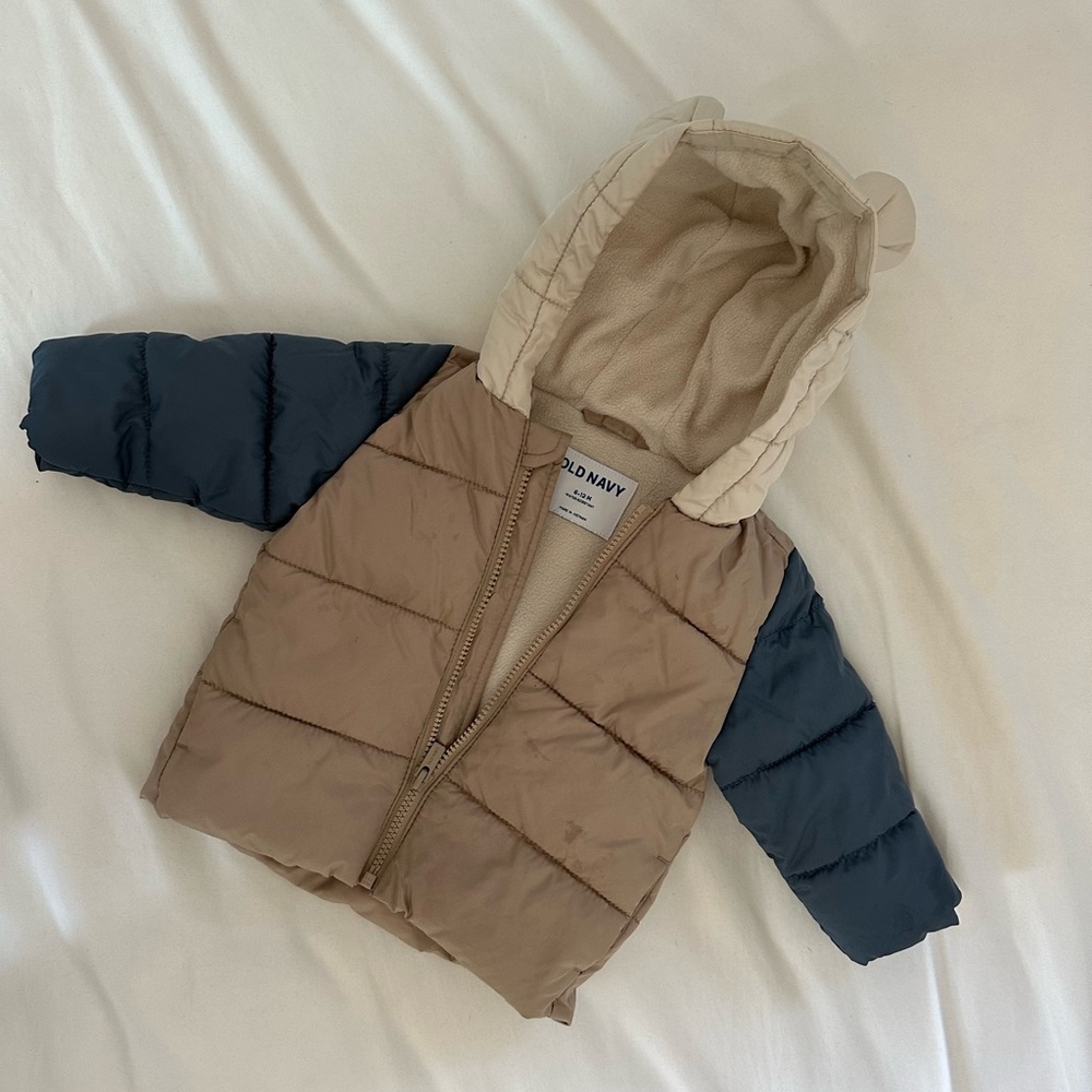 Old Navy Baby Puffer Jacket with Bear Ears (6-12M, Tan/Blue)